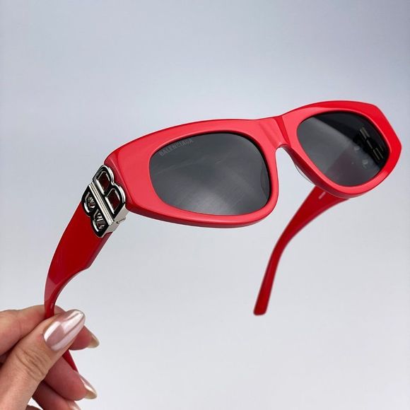 Balenciaga BB0095S 016 Sunglasses Red Silver Logo Grey Cat Eye Unisex - Picture 1 of 13